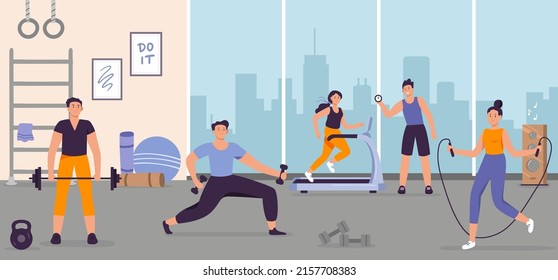 People in gym. Man and woman exercising on training apparatus, doing different sport activities. Male characters having workout with barbell, dumbbells, female person on treadmill rope vector