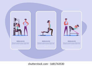 People in gym set. Woman training body with instructor, weight and equipment. Flat vector illustrations. Exercise, sport concept for banner, website design or landing web page