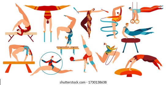 People gymnasts workout gym, sport gymnastic positions and exercises, female and male sportsman flat icons isolated vector illustrations set. Artistic and rhythmic gymnast exercise, training, activity