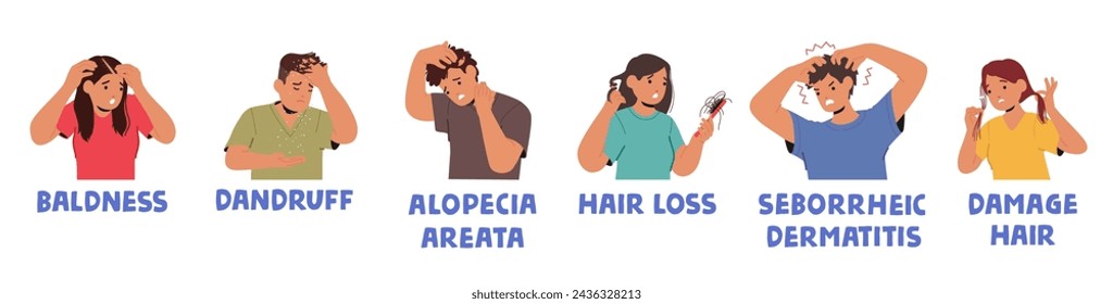 People With Hair Problems Experience Baldness, Damage, Hair Loss, Dandruff, Alopecia, Or Seborrheic Dermatitis, Leading To Discomfort And Search For Treatments. Character Cartoon Vector Illustration