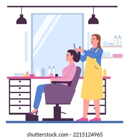 People in hair salon. Barber with customer. Hairdresser making hairdo for client. Woman sitting on armchair. Hairstylist profession. Barbershop worker haircutting. Vector