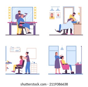 People in hair salon. Barbers with customers. Men and women in process creating hairstyles. Hairdressers work. Beauty studio workers cutting and drying hairdo. Vector