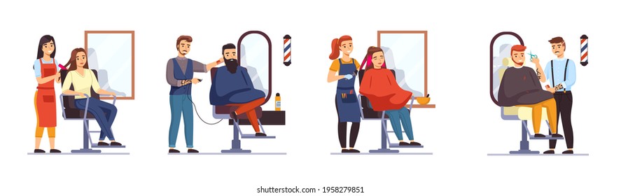 People in hair salon. Men and women in barbershop, professional stylists work with clients, guys and girls front mirrors, hairstyles creating, and bright coloring. Vector isolated set