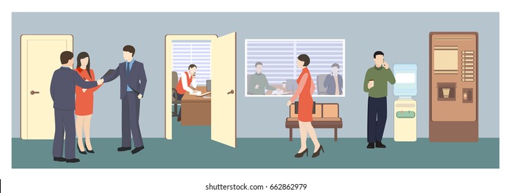 People in hall. Office life. Flat style vector illustration. Situation in office. Meeting in hall. Business characters.