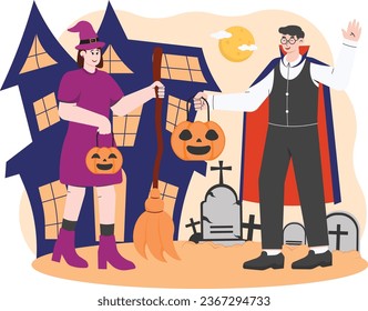 People in Halloween Costume Carrying Pumpkin Bag Illustration