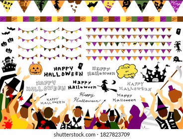 people in Halloween costume party and set of Halloween icons
