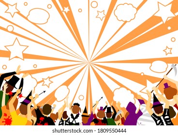 a lot of people in Halloween costume party and speech bubble