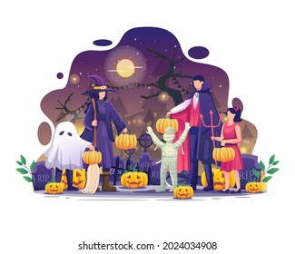 Personas con disfraces de Halloween llevando calabazas celebran evento nocturno de Halloween Ilustración vectorial plana