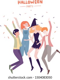 People with Halloween costumes dance together at Halloween party