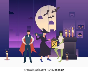 People in Halloween costumes dancing in dark room. Interior, party, decorations, cartoon characters. Vector illustration for leaflet, poster, banner