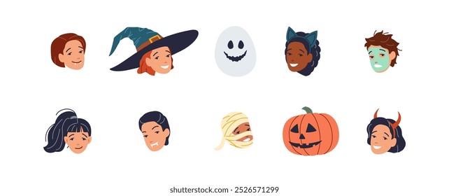 Personas en disfraces de Halloween conjunto de iconos vectoriales de color plano. Colección de avatares espeluznantes para el paquete de ilustraciones de vacaciones sobre fondo blanco