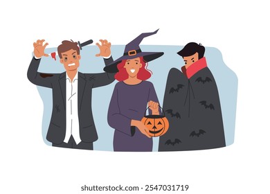 Personas con disfraces de Halloween hacen miradas amenazantes para asustar a los amigos que celebran el 31 de octubre. Participantes de mascarada en honor a halloween en forma de bruja y zombie o conde dracula