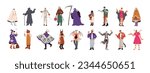 People in Halloween costumes set. Characters in spooky holiday outfits for Helloween masquerade, creepy festival, carnival. Witch, ghost, mummy. Flat vector illustrations isolated on white background