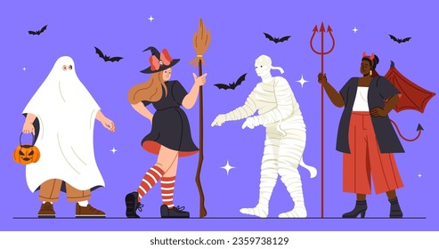 People in Halloween costumes set. Men and women in witch, ghost, zombie and devil suits. International holiday of fear and horror. Cartoon flat vector collection isolated on violet background