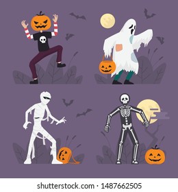 People in Halloween Monster Costume, Halloween Spooky Monsters, Flat Design Vector Illustration.