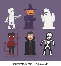 People in Halloween Monster Costume, Halloween Spooky Monsters, Flat Design Vector Illustration.