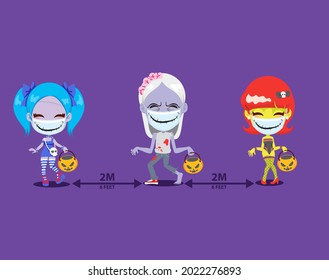 People with Halloween monster costumes wearing surgical masks doing trick or treat holding pumpkin bags social distancing concept