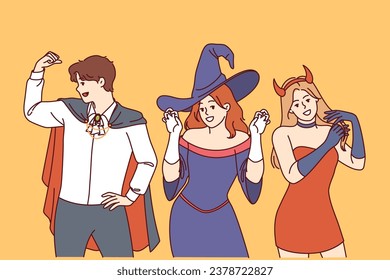 People in halloween party costumes invite you to visit festive october festival or nightclub. Man in dracula clothes and woman in image of devil or witch for halloween celebration.