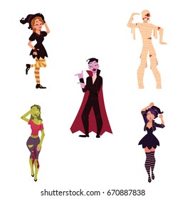 People in Halloween party costumes - witch, zombie, vampire, dracula, mummy, cartoon vector illustration isolated on white background. Friends dressed for Halloween - witch, zombie, dracula, mummy