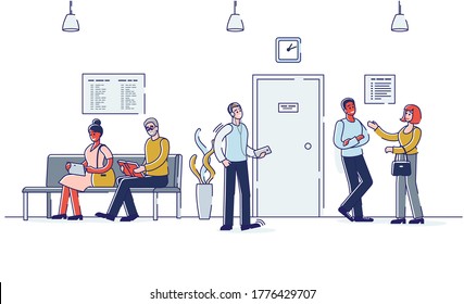 People in hallway sitting and standing wait for business meeting, job interview, doctor consultation. Waiting hall interior concept. Cartoon men and women appointment. Linear vector illustration