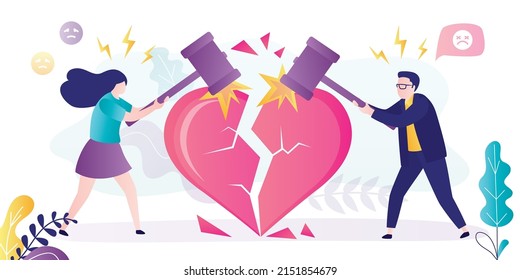 People with hammers break heart into many pieces. Couple decides to break up due to quarrels and conflicts. Frustrated girl hits heart. Emotional breakup. Relationship problems. Vector illustration