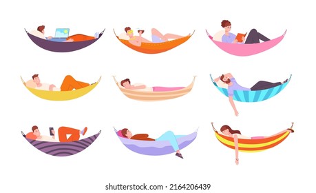 People in hammocks. Man lying relaxing swing hammock, freelancer working laptop reading book home or sea palm beach sleeping resting person fun idyll lifestyle flat splendid vector of hammock swing