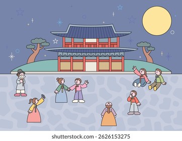 People in hanbok enjoying a traditional Korean night festival under the full moon. Flat cartoon style night palace scene.