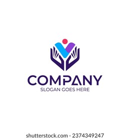 people and hand care logo, human love and protection vector icon
