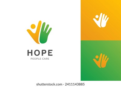 Die Menschen handhaben Pflegelogo-Design mit hoffentlich handgefertigtem Bildzeichen, Charity-Logo, Safe-Kinder-Vektorgrafik-Vorlage