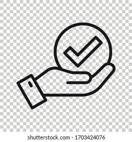 People hand with check mark icon in flat style. Accept vector illustration on white isolated background. Approval choice business concept.