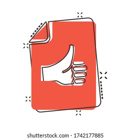 People hand with check mark icon in comic style. Accept cartoon vector illustration on white isolated background. Approval choice splash effect business concept.