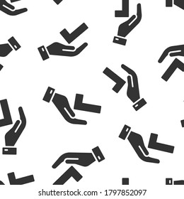 People hand with check mark icon in flat style. Accept vector illustration on white isolated background. Approval choice seamless pattern business concept.