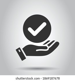 People hand with check mark icon in flat style. Accept vector illustration on white isolated background. Approval choice business concept.