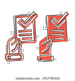 People hand with check mark icon in comic style. Accept cartoon vector illustration on white isolated background. Approval choice splash effect business concept.