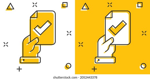 People hand with check mark icon in comic style. Accept cartoon vector illustration on white isolated background. Approval choice splash effect business concept.