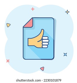 People hand with check mark icon in comic style. Accept cartoon vector illustration on white isolated background. Approval choice splash effect business concept.