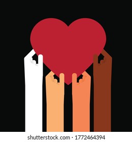 Les gens ont des couleurs de peau différentes qui touchent le même coeur. Création vectorielle