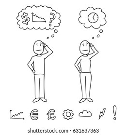 People in hand drawn style, scratching heads and showing confusion and thought concepts within clouds. All elements isolated and white filled.