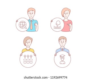 People hand drawn style. Set of Evaporation, Internet and Elastic icons. Student sign. Global warming, World web, Resilience. Graduation cap.  Character hold circle button. Man with like hand. Vector