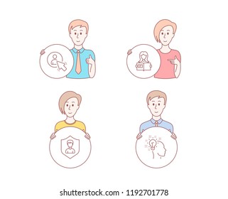 People hand drawn style. Set of User, Woman read and Security agency icons. Idea sign. Project manager, Girl studying, People protection. Creative designer.  Character hold circle button. Vector