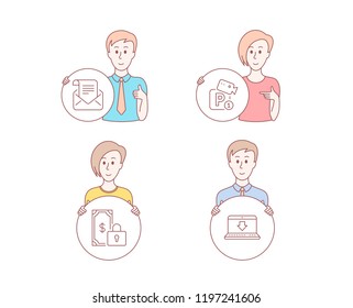 People hand drawn style. Set of Private payment, Mail newsletter and Parking security icons. Internet downloading sign. Secure finance, Open e-mail, Video camera. Load data. Vector