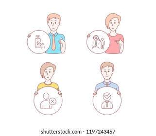 People hand drawn style. Set of Phone payment, Discount and Delete user icons. Vacancy sign. Mobile pay, Sale shopping, Remove profile. Businessman concept. Character hold circle button. People Vector