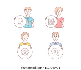 People hand drawn style. Set of Idea, Rfp and Face recognition icons. Skin condition sign. Solution, Request for proposal, Faces biometrics. Search magnifier.  Character hold circle button. Vector