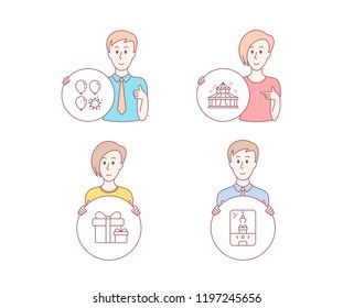 People hand drawn style. Set of Circus, Surprise package and Balloon dart icons. Crane claw machine sign. Attraction park, Present boxes.  Character hold circle button. Man with like hand. Vector