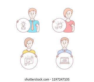 People hand drawn style. Set of Architectural plan, Education and Musical note icons. Online statistics sign. Technical project, Human idea, Music. People character hold circle button. Vector