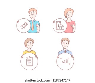 People hand drawn style. Set of Private payment, Fast payment and Checklist icons. Chart sign. Secure finance, Finance transfer, Survey. Presentation chart.  Character hold circle button. Vector