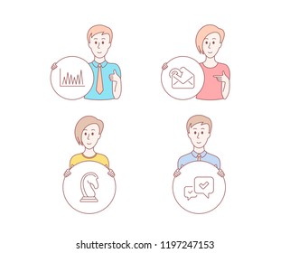 People hand drawn style. Set of Receive mail, Line graph and Marketing strategy icons. Approve sign. Incoming message, Market diagram, Chess knight. People character hold circle button.
