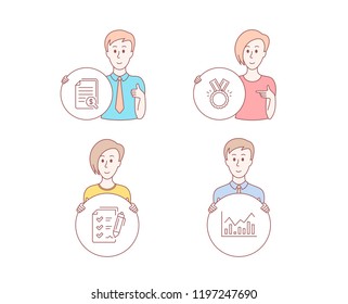 People hand drawn style. Set of Honor, Survey checklist and Financial documents icons. Infochart sign. Medal, Report, Check docs. Stock exchange.  Character hold circle button. Man with like hand