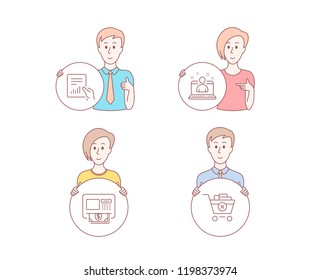 People hand drawn style. Set of Atm, Document and Best manager icons. Remove purchase sign. Money withdraw, File with diagram, Best developer. Delete from cart. Character hold button. People vector