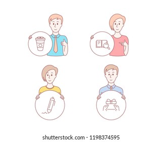 People hand drawn style. Set of Search book, Takeaway coffee and Signature icons. Give present sign. Online education, Hot latte drink, Written pen. Gift. People character hold button. Vector